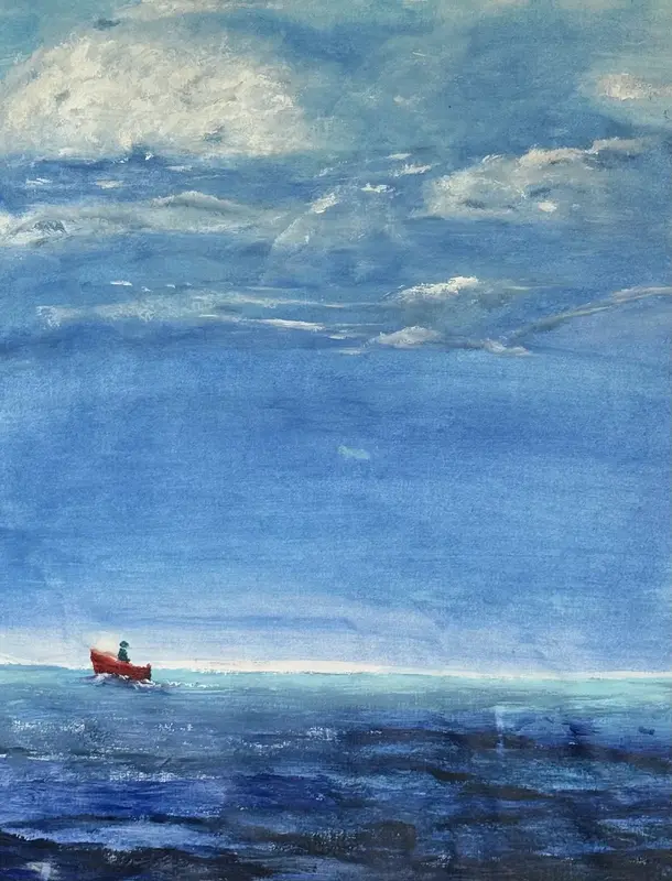 Akrylmålning Liten röd båt på mörkt hav av Anna-Karin Nystrand