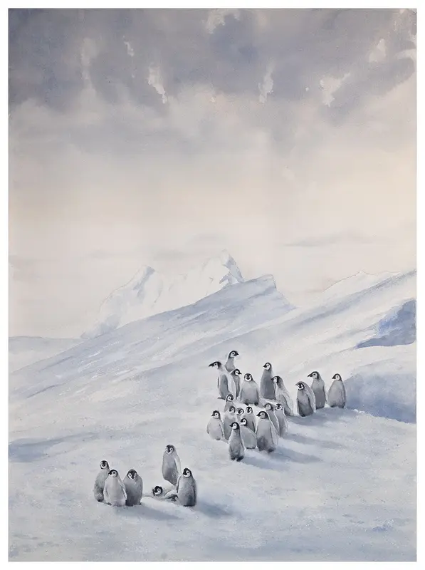 Akvarell 26 baby penguins av Mattias Norén