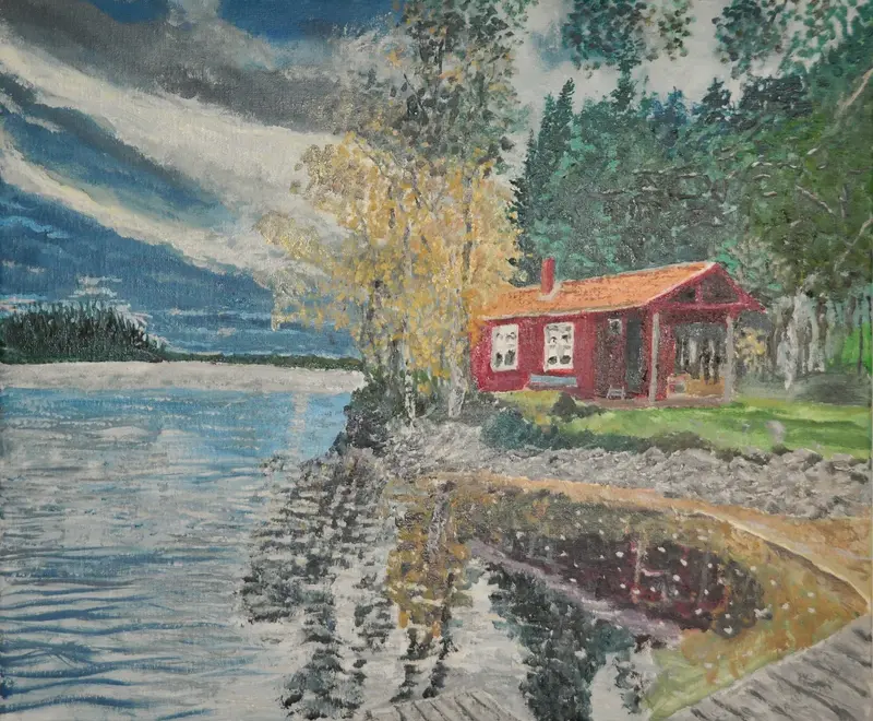 Oljemålning Sjö, brygga och bastu av Karl-Erik Svensson