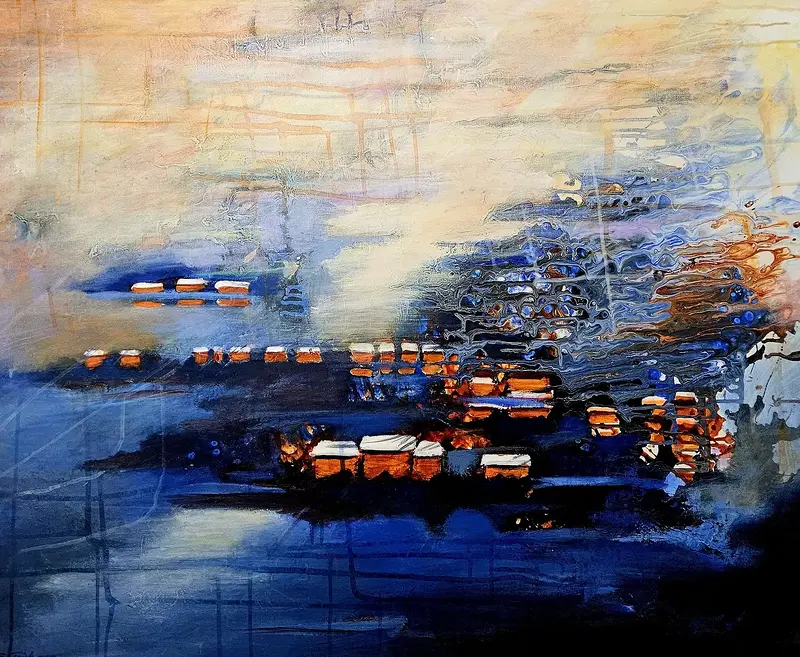 Akrylmålning Byn av Eva Friskman