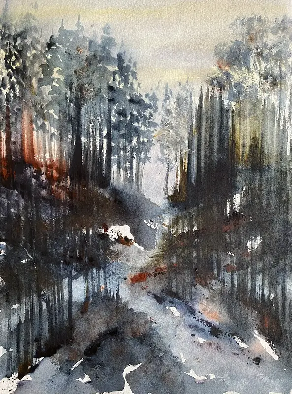 Akvarell Där bäcken delar sig av Margareta Mattsson