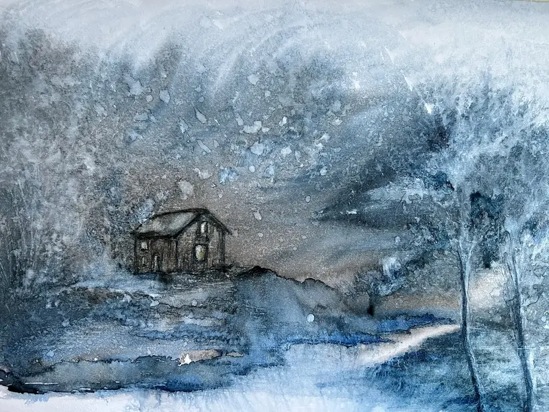 Akvarell Vinterns vemod vid ödehuset av Inger Axbrink