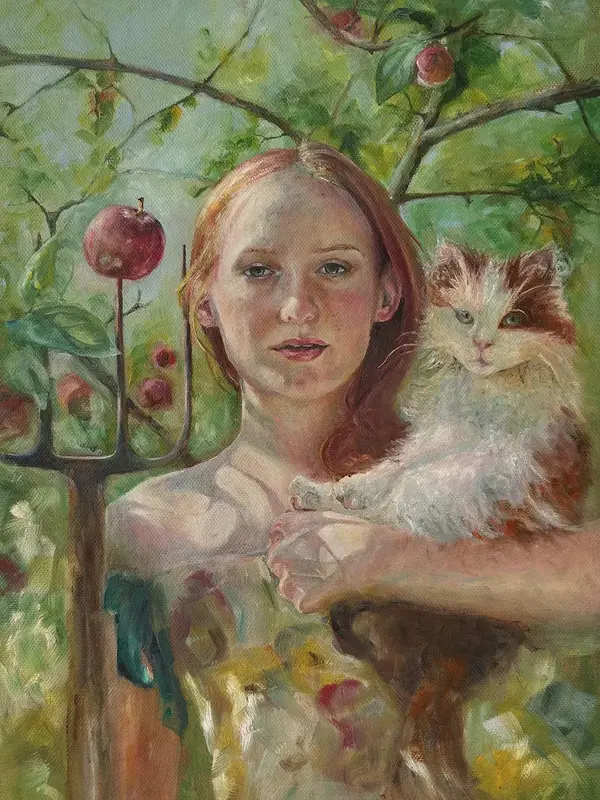 Oljemålning Eve with a cat av Ananastasiya Kostyuk