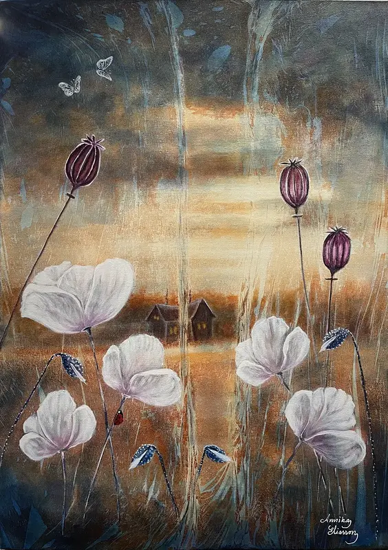 Akrylmålning White Poppies av Annika Eliasson