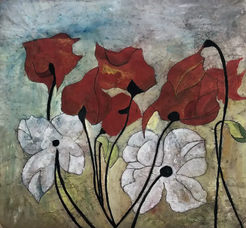 Röd vit Vallmo, inkl. passepartout av Siv Sundell