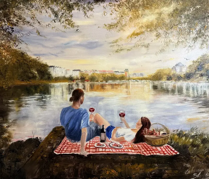 Oljemålning Picnic vid Karlbergskanalen av Katarina Blomberg