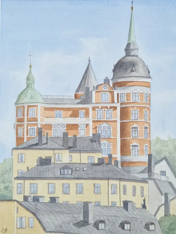 Akvarell Mellan tak och himmel av Susanne Hagemark