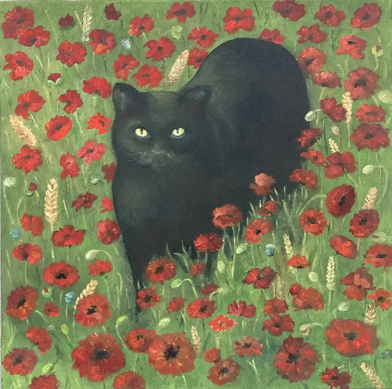 Oljemålning Svart katt i vallmofält av Anne-Marie Björstrand