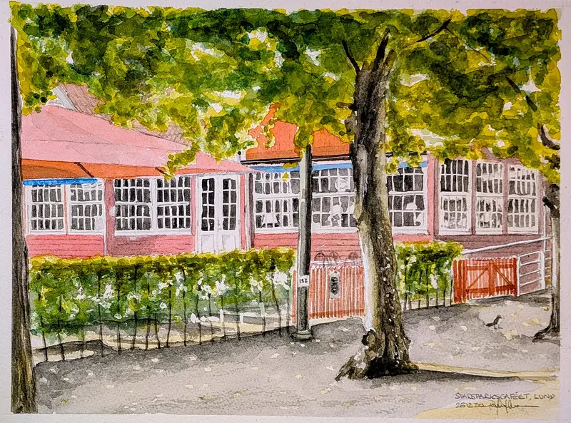 Akvarell Stadsparkscaféet i Lund av Pär Håkan Henriksson