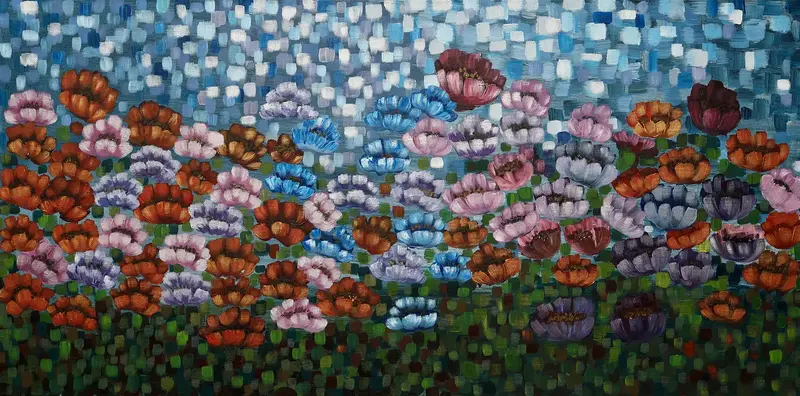 Akrylmålning Blomster vid glittrande hav av Iman Echreshavi