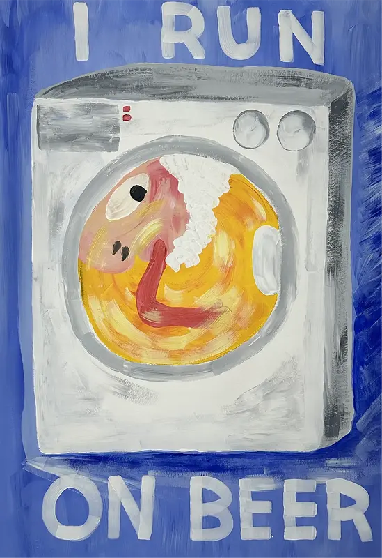 Akrylmålning I run on beer av Magnus Hedin