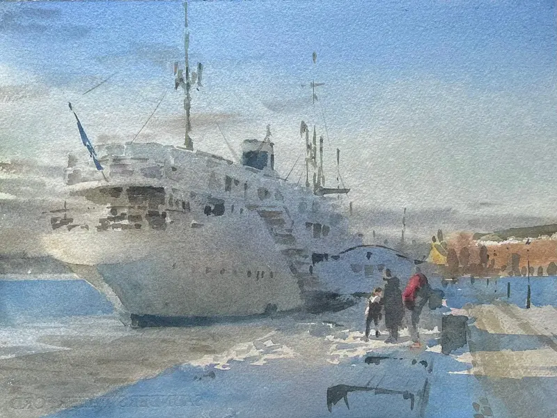 Akvarell Riddarholmskajen av Nils Danielsson