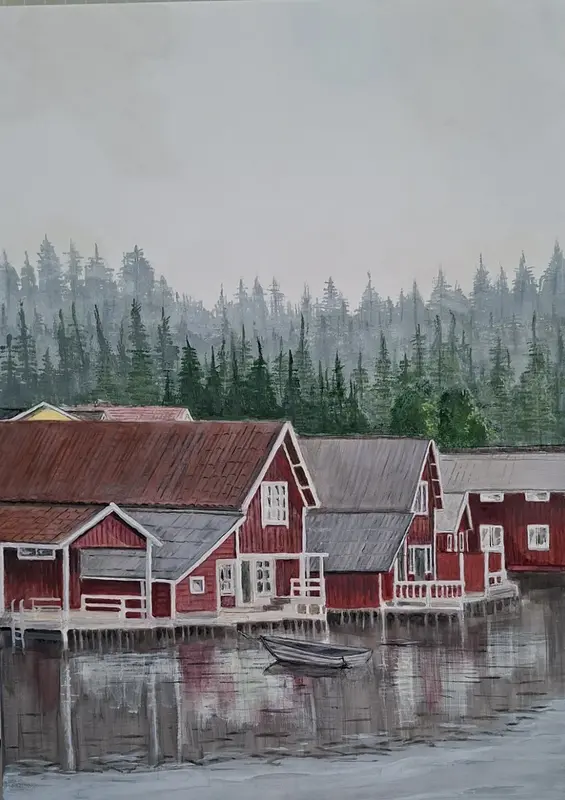 Akrylmålning Sjöbodar Ulvön av Annmarie Ramnitz