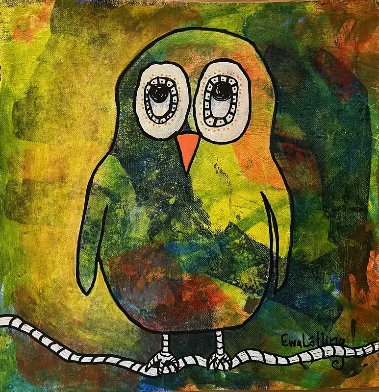 Akrylmålning Grön uggla av Ewa Löfling