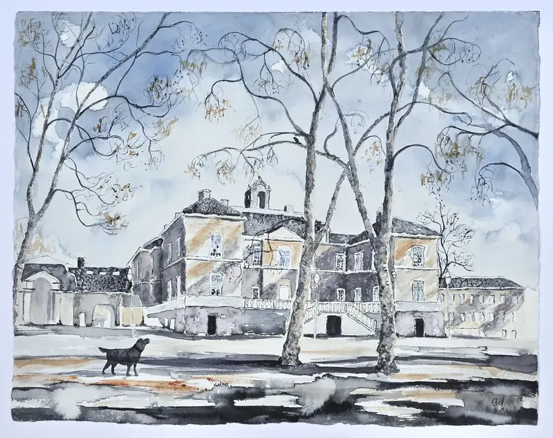 Akvarell Näsby Slott, svart Labrador av Cécile Hansson