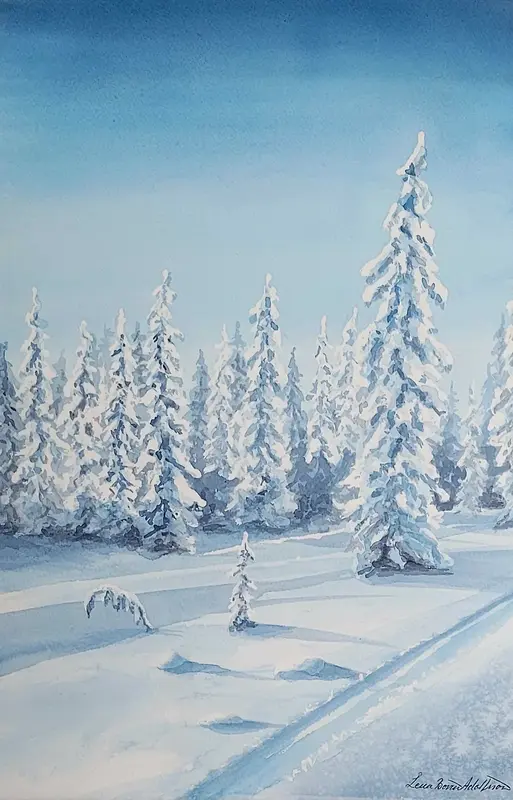 Akvarell Snötyngda granar av Lena Bovin Adolfsson