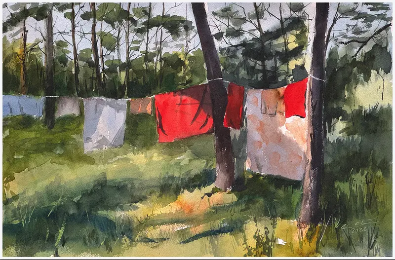 Akvarell Tvätt på tork av Göran Ekström