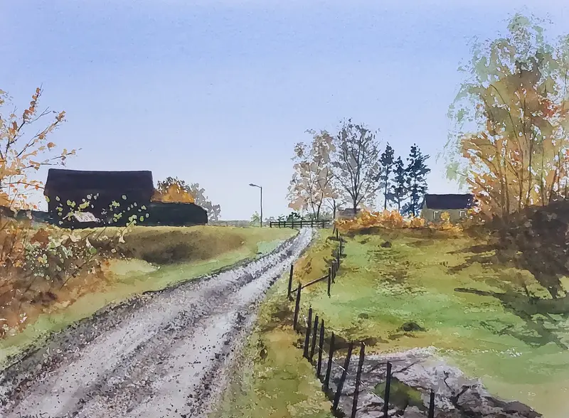 Akvarell En stark höstsol lyser över landskapet av Johan Sandell