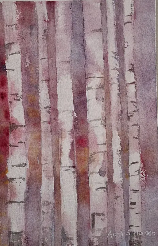 Akvarell Rödlila björkar av Anna Schyberg Hansen