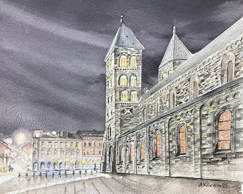 Akvarell Lunds domkyrka av Kristina Hvam