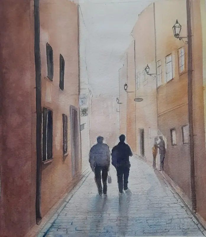 Akvarell Sakta vi gå genom (gamla) stan av Petra Skogsberg