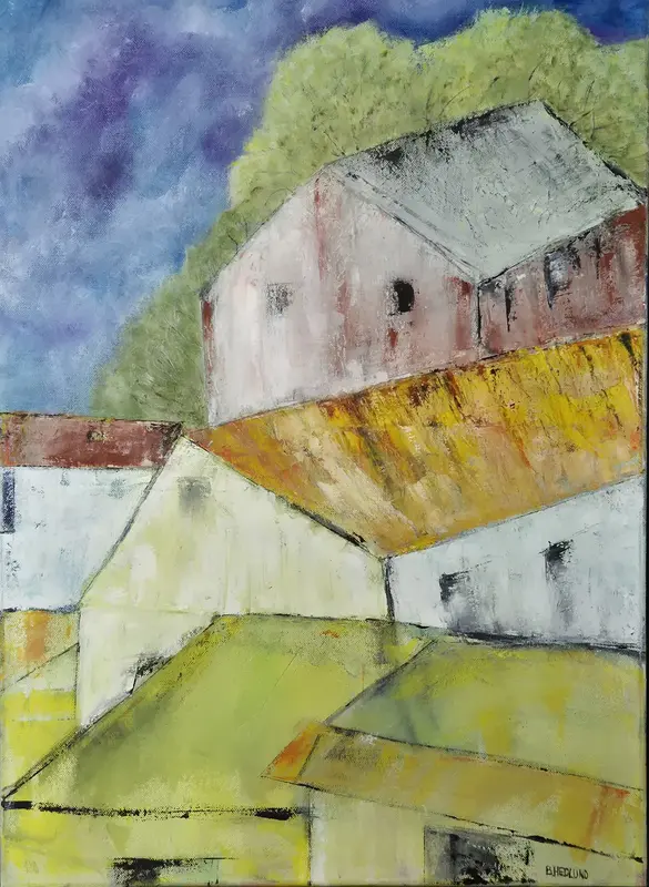 Oljemålning De slitna husen av Birgitta Hedlund