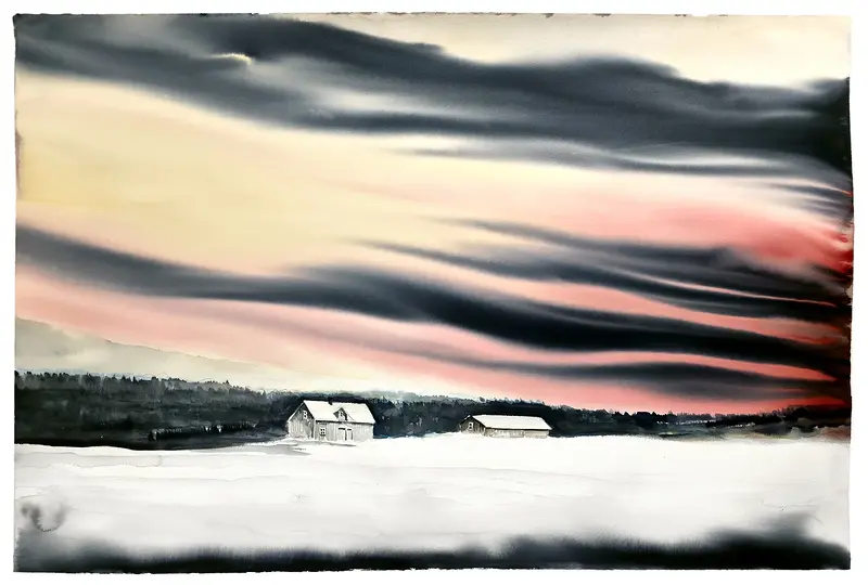 Akvarell Mörk Gård XI av Daniel Zausnig