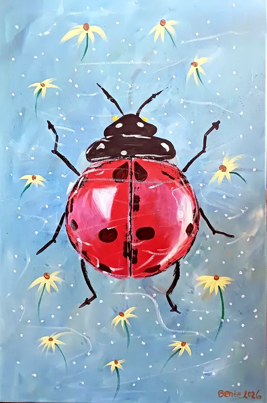 Akrylmålning Nyckelpiga i blombad av Bente Mellquist Danielson