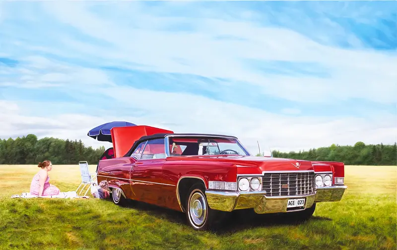 Oljemålning Picnic With a Red Cadillac av Anna C Eriksson