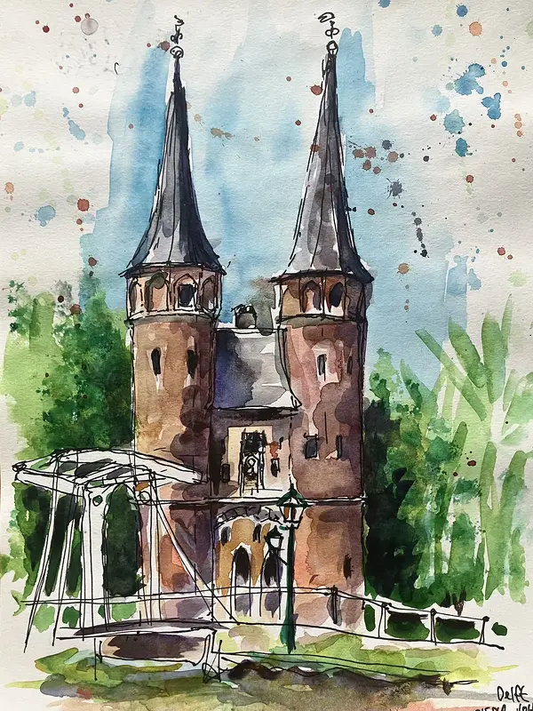 Akvarell Medeltid Port i Delft, Nederländerna av Olesia Volkova