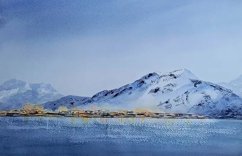 Akvarell Snötäckta fjäll av Lena Bovin Adolfsson