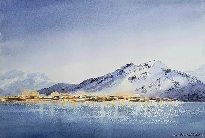 Akvarell Snötäckta fjäll av Lena Bovin Adolfsson