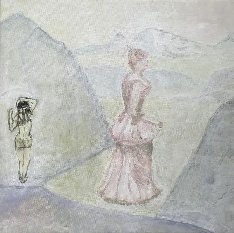 Akrylmålning Figurin och kvinna av Elisabeth Tornberg