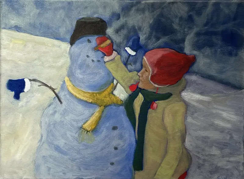 Oljemålning Snögubben. av Camilla Wolgers