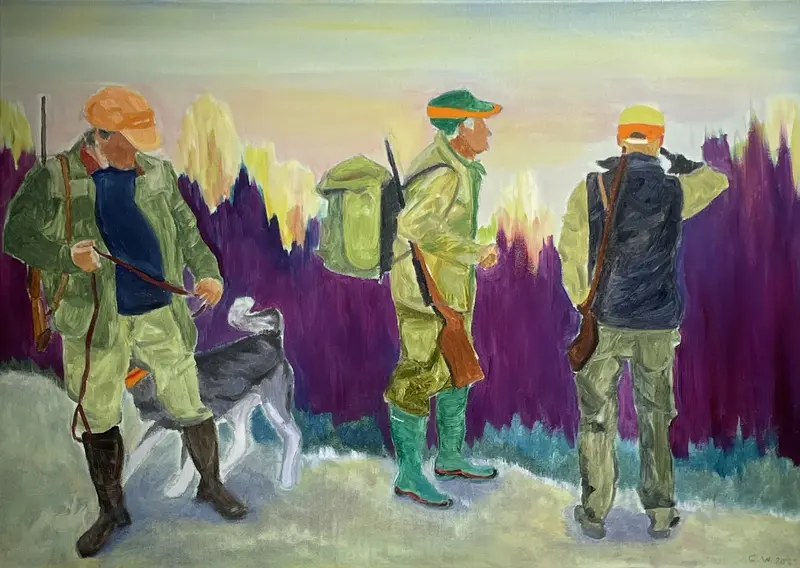 Oljemålning Jaktstart, solen går upp. av Camilla Wolgers