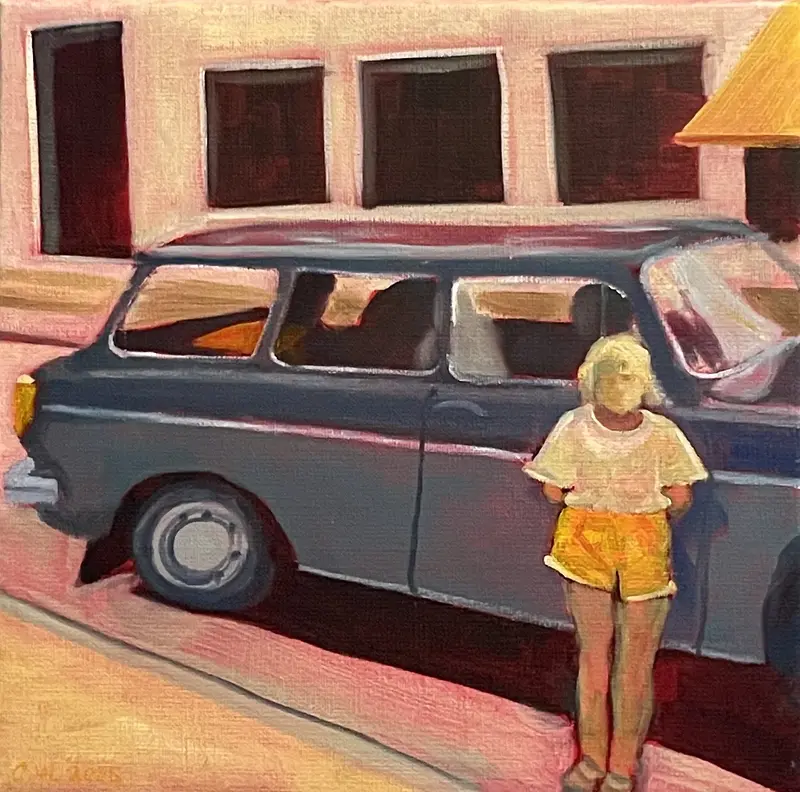 Oljemålning Väntan vid bilen. av Camilla Wolgers
