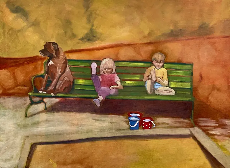 Oljemålning Den gröna bänken. av Camilla Wolgers