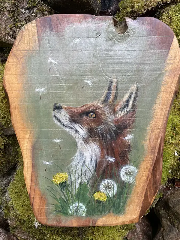 Akrylmålning Fox and dandelions av Cicilia Postma