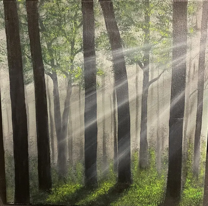 Akrylmålning Solstrålar i skog av Annika Handfast