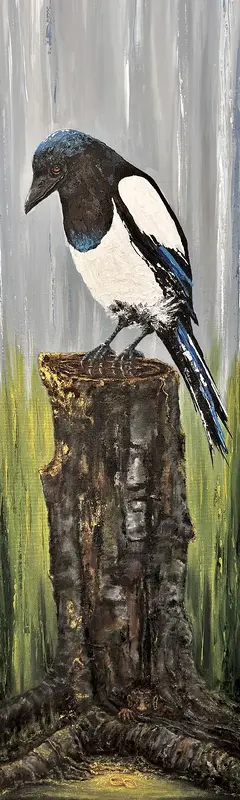 Akrylmålning Who stole the golden rings? The Magpie or the Troll av Anne E Svensson