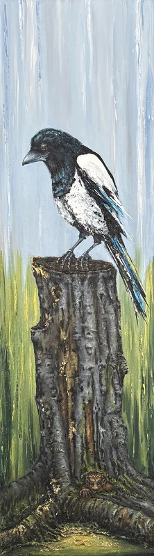 Akrylmålning Who stole the golden rings? The Magpie or the Troll av Anne E Svensson