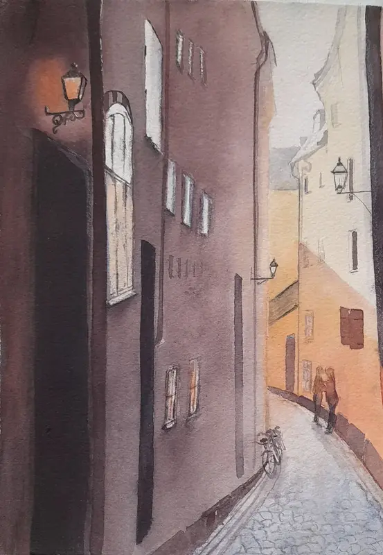 Akvarell Möte i gamla stan av Petra Skogsberg