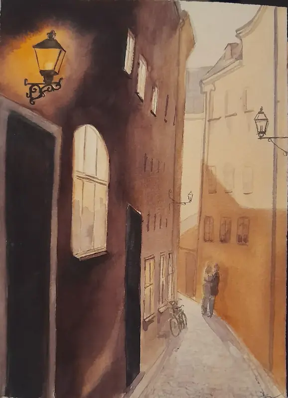 Akvarell Kärleksmöte i gamla stan av Petra Skogsberg