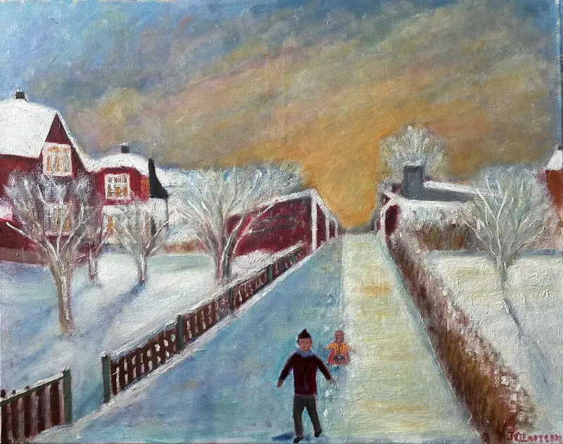 Oljemålning Gränden vinter av Jan-Olof Larsson