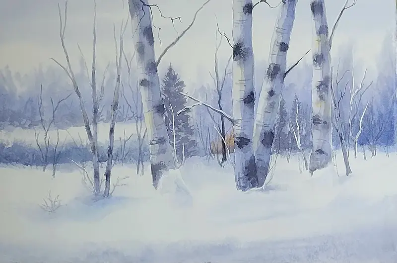 Akvarell Björkar i gråväder av Lena Bovin Adolfsson