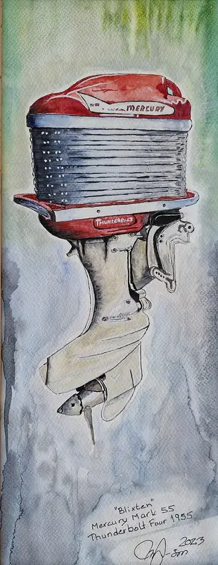 Akvarell "Blixten" Mercury Mark 55 Thunderbolt 1955 av Max Jansson