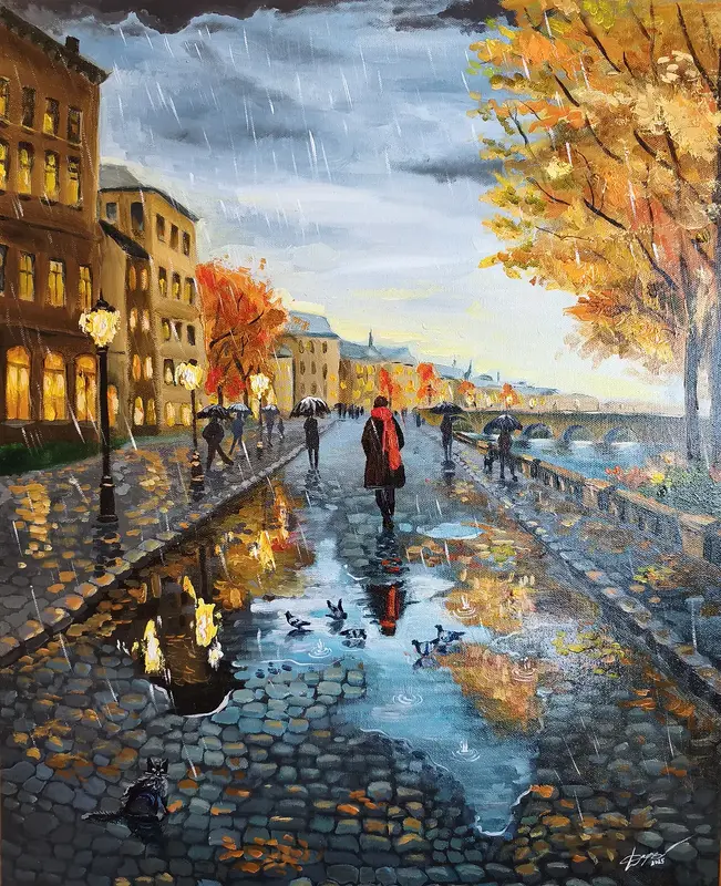 Oljemålning Between the Raindrops av Daria Axelsson