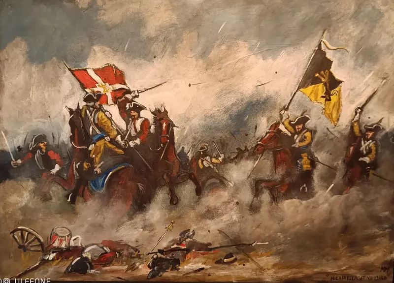 Akrylmålning Hierta i Slaget vid Lund av Karolinermålaren Malmgren