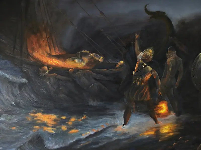 Oljemålning The funeral of a viking (Frank Dicksee) av Endre Jansson