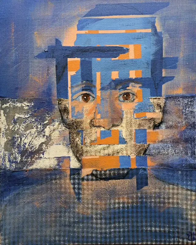 Akrylmålning Blårutig man/Blue chequered man av Margareta Josefsson